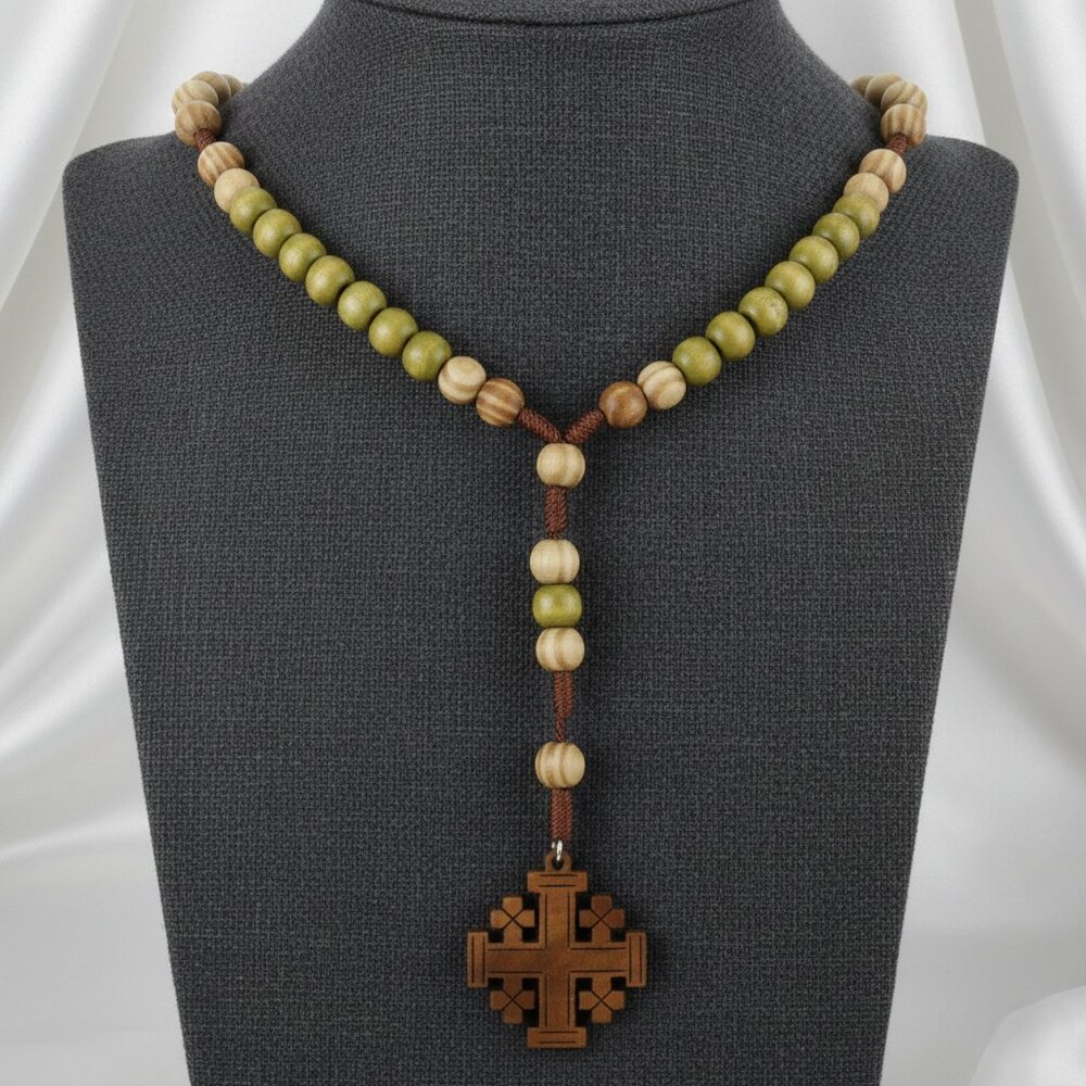 Olive Wood Rosary Jerusalem Holy Land Cross Necklace Hand Crafted NWOT